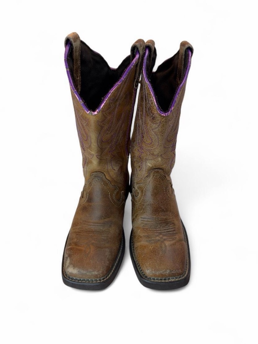 Justin Brown Leather Women's Western Boots with Purple Trim